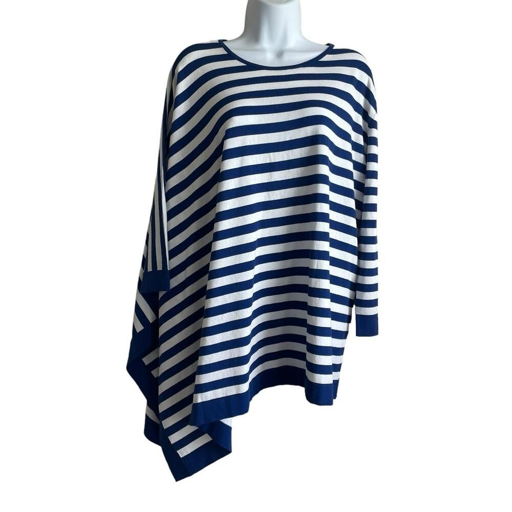 Anne Klein Womens Nautical Coastal Striped Poncho Sweater L/XL Blue Asymmetrical